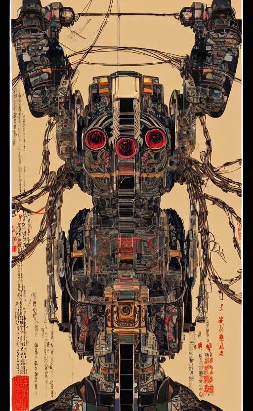 Image similar to upper half portrait of army mecha robot - wires and vines as poster design borders, art by utagawa kunisada, highly detailed, digital painting, concept art, illustration, smooth sharp focus, intricate, symmetry, artstation, colourful,