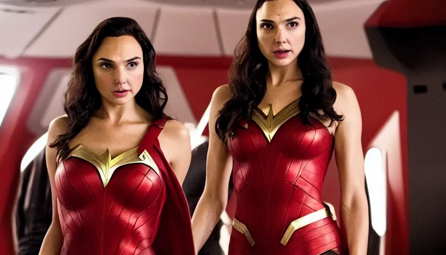 Image similar to Gal Gadot, wearing command red, is the captain of the starship Enterprise in the new Star Trek movie