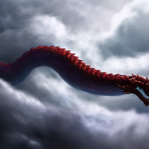 Prompt: Detailed digital art of a huge serpent dragon flying through the clouds. Mostly shrouded by fog and clouds. Featured on Artstation