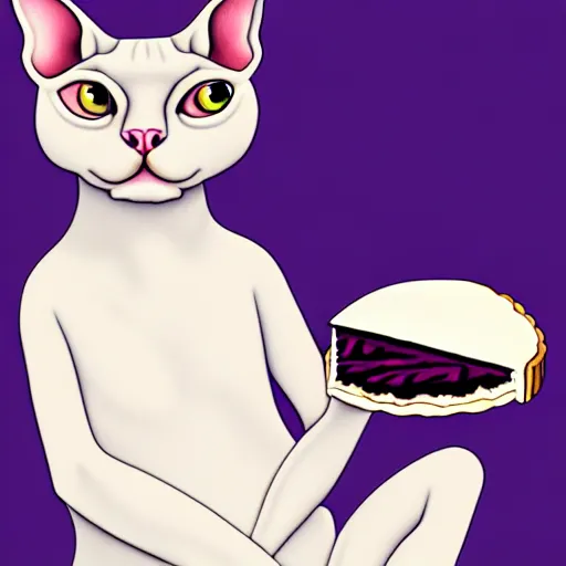 Image similar to an anthropomorphic sphynx cat fursona with big eyes eating a slice of blueberry pie, furry art, cute, oil on canvas, soft lighting