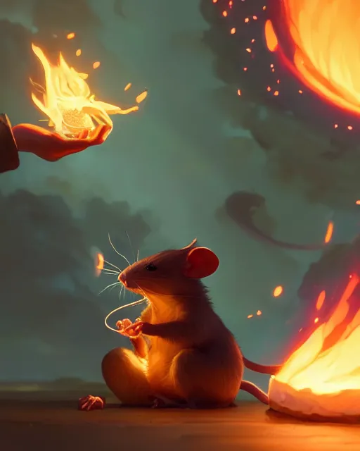 Image similar to highly detailed vfx portrait of a cute little rat casting fire magic, unreal engine, greg rutkowski, loish, rhads, beeple, makoto shinkai and lois van baarle, ilya kuvshinov, rossdraws, tom bagshaw, alphonse mucha, global illumination, detailed and intricate environment