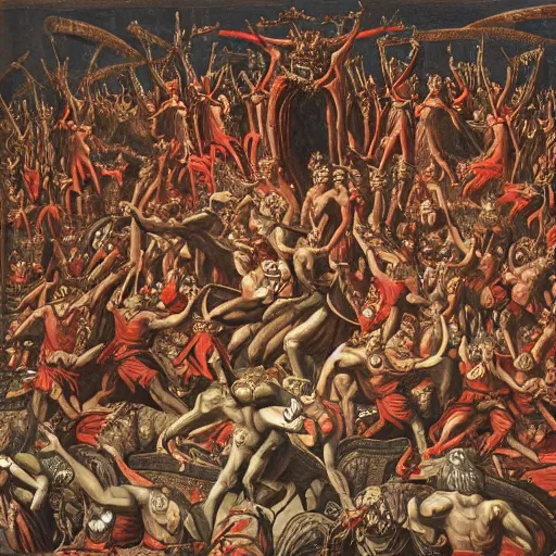 Prompt: where's waldo in dante's inferno with trumpeters and demons, intricate detail, martin handford, hd