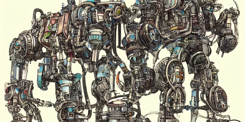 Image similar to beautiful schematic of a combat robot made of rocket and car engine parts, schematic, dieselpunk, illustration, intricate, highly detailed, studio ghibli color scheme
