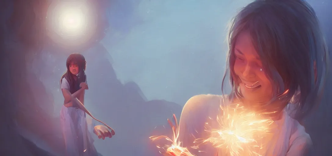 Image similar to Young Himalayan woman floating amused using psychic powers to make a lighter float| night time scene, plain walls |light hearted, white eyes, long messy hair | gentle lighting, futuristic, dim lighting, digital art by Makoto Shinkai ilya kuvshinov and Wojtek Fus, digital art, concept art,