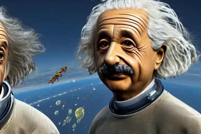 Image similar to still photo of sad albert einstein in spacesuit, giant flat earth on turtles at background, highly detailed, photorealistic shot, bright studio setting, studio lighting, crisp quality and light reflections, unreal engine 5 quality render