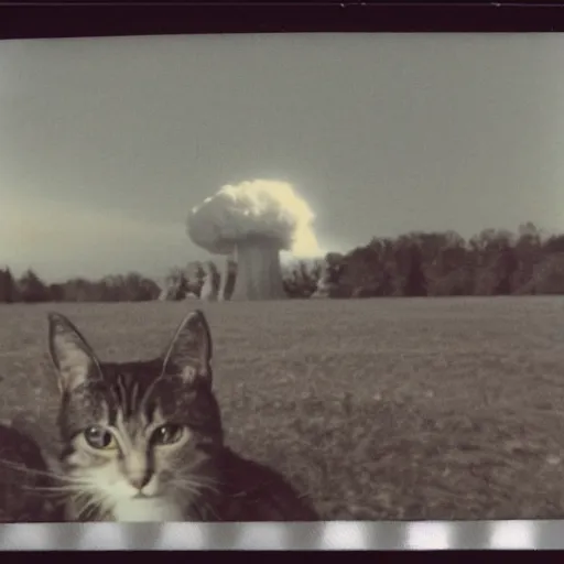 Image similar to polaroid photo of a cat watching a mushroom cloud in the background