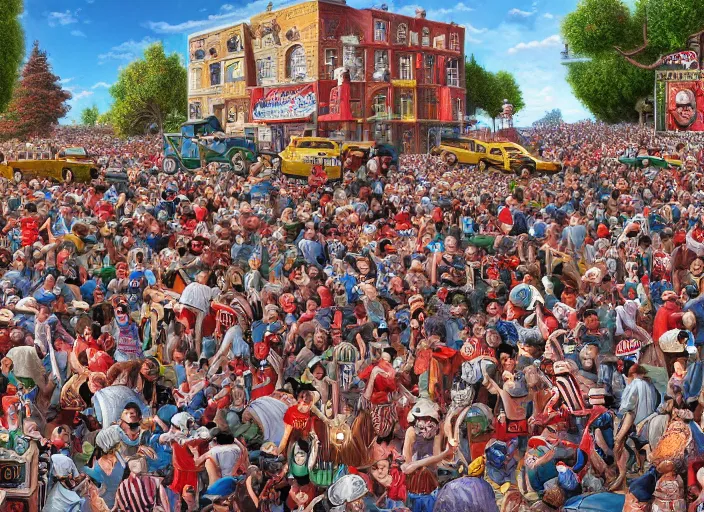 Image similar to where's waldo, lowbrow, matte painting, 3 - d highly detailed, in the style of kenny schaffer,