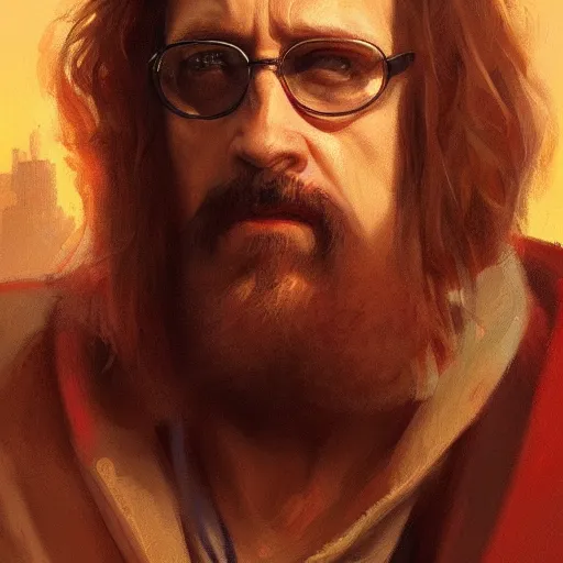 Prompt: closeup portrait of jeffrey lebowski, the dude, dramatic lighting, city background, chiaroscuro, high detail, painted by greg rutkowski, painted by igor kieryluk, painted by bobby chiu, trending on artstation