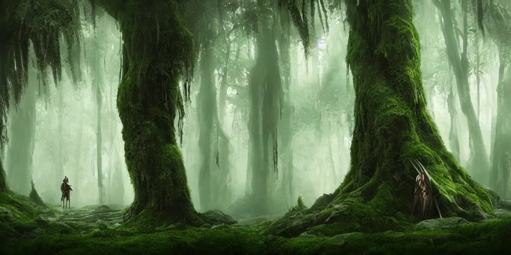 Prompt: beautiful majestic artstation cinematic matte painting of a knight in a dark magical forest with giant mossy trees