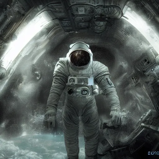 Image similar to concept art by craig mullins astronaut in futuristic dark and empty spaceship underwater. infrared complex and hyperdetailed technical suit. mandelbulb fractal. reflection and dispersion materials. rays and dispersion of light. volumetric light. 5 0 mm, f / 3 2. noise film photo. flash photography. unreal engine 4, octane render. interstellar movie art