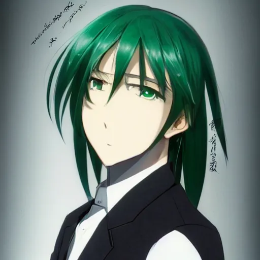 Image similar to full body portrait character concept art, anime key visual of decadent green long straight hair young anime male in black suit, green long straight hair and brown eyes, finely detailed perfect face studio lighting delicate features directed gaze, gapmoe kuudere grimdark, trending on pixiv fanbox, painted by greg rutkowski makoto shinkai takashi takeuchi studio ghibli