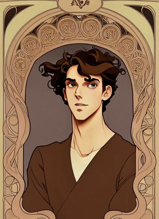Prompt: art nouveau portrait of a handsome young man with curly medium length very messy light brown hair, brown eyes, aloof, t - shirt, natural lighting, path traced, highly detailed, high quality, cartoon, digital painting, by don bluth and ross tran and studio ghibli and alphonse mucha