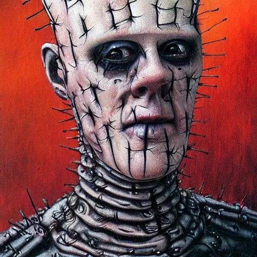 Image similar to a hyperrealistic portrait of pinhead from hellraiser by Santiago Caruso,