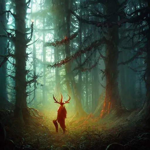 Image similar to highly detailed creepy forest creature with antlers, stephen bliss, unreal engine, fantasy art by greg rutkowski, loish, rhads, ferdinand knab, makoto shinkai and lois van baarle, ilya kuvshinov, rossdraws, tom bagshaw, global illumination, radiant light, detailed and intricate environment