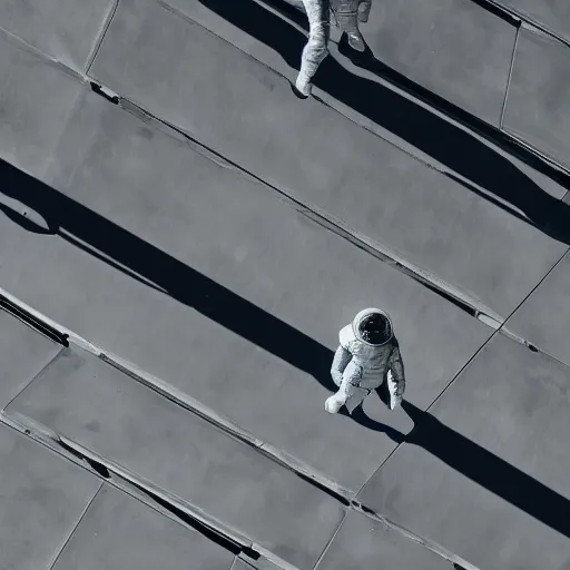 Prompt: mysterious man in silver space suit, walking on an industrial catwalk with stairs that lead nowhere, suspended in the darkness of space, 4 k photograph, isometric view