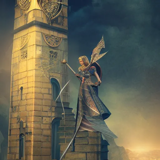 Image similar to tarot card style, lady luck on a tower, scales, sword, digital illustration, intricate, highly detailed, elegant, full color, cinematic lighting, octane render, hyper realism