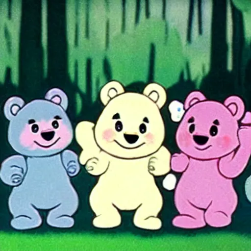 Image similar to appearance by the care bears in the moomin anime ( 1 9 8 2 ), pastel colours