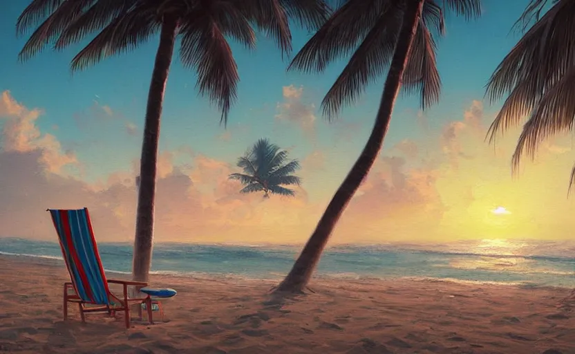 Image similar to painting of a beach chair at sunset with tropical palm trees, natural light, concept art, by greg rutkowski, cozy atmospheric and cinematic lighting