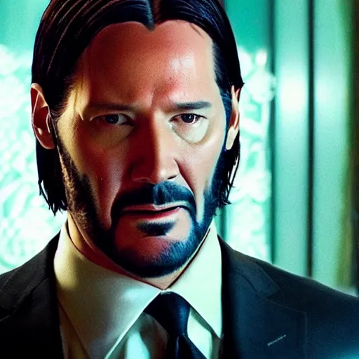 Image similar to cinematic still of John Wick wearing a birthday hat from the film John Wick (2009)