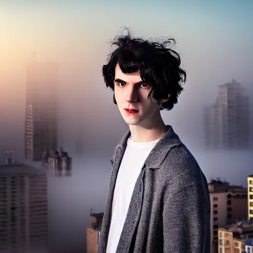 Prompt: un ultra high definition studio quality photograph portrait of a pale young man with black hair standing on the rooftop of an apartment building wearing all eclectic clothes. wide angle. morning. clear. fog. three point light. extremely detailed. golden hour, golden ratio, ray tracing, volumetric light, shallow depth of field.