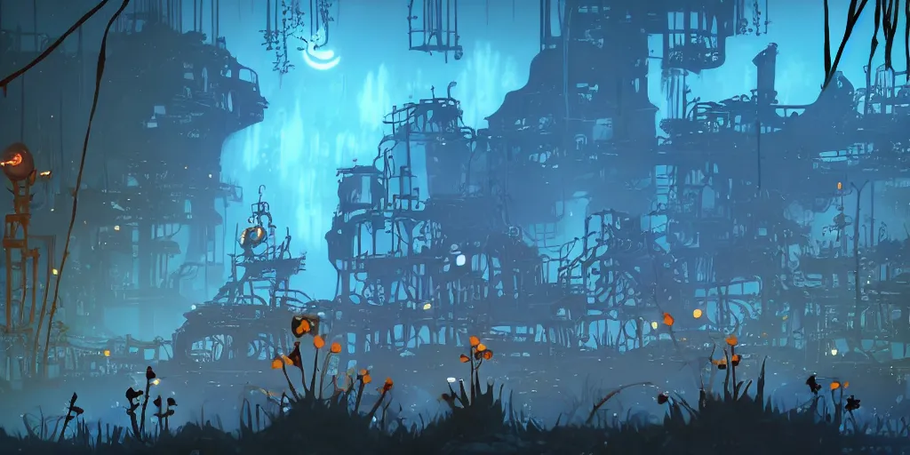 Prompt: rusty abandoned factory in the style of ori and the blind forest