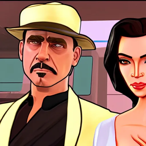 Prompt: gta vice city loading screen kim kardashian and ben shapiro in star wars episode 3 and indiana jones bruce willis and lady and the tramp on crack ultra detail