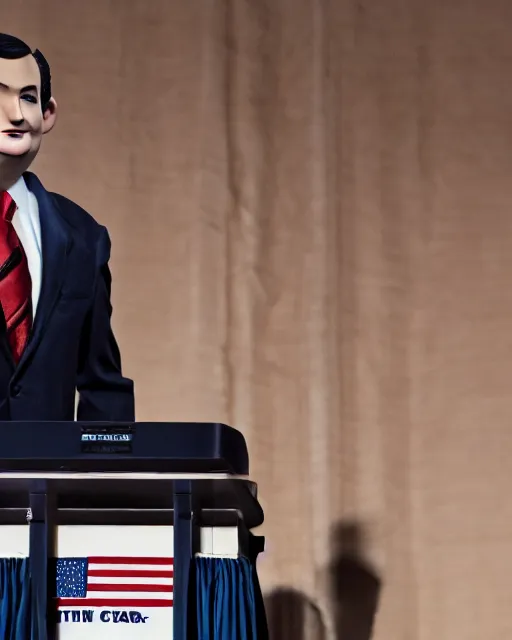 Prompt: portrait of ted cruz felt puppet behind a podium in a cpac convention, intricate detail, octane, editorial photo