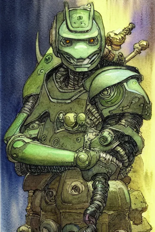 Image similar to a simple and atmospheric watercolour fantasy character concept art portrait of a mechanized android turtle as a druidic warrior wizard looking at the camera with an intelligent gaze, very muted colors, by rebecca guay, michael kaluta, charles vess and jean moebius giraud