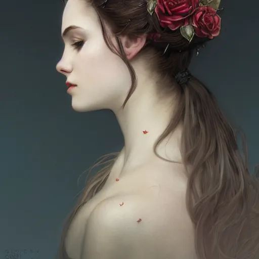 Image similar to portrait of very beautiful vampire, rose thorn crown, thorns everywhere, headshot, pale skin, 4k, rule of thirds, extreme detail, detailed drawing, trending artstation, hd, fantasy, D&D, realistic lighting, by Alphonse Mucha, Greg Rutkowski, sharp focus, backlit, velvet hair, elegant