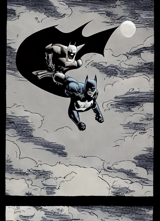 Image similar to batman jumping from a roof at night, moon visible, frank miller