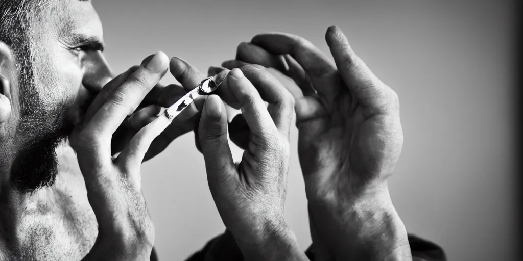 Prompt: dslr a man removing a nail from his third eye, 5 0 mm f 1. 8