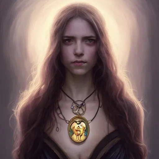 Image similar to Portrait of a young female necromancer wearing a necklace with small bird skulls, epic dark fantasy, medium shot, intricate, elegant, highly detailed, digital painting, artstation, concept art, smooth, sharp focus, illustration, art by artgerm and greg rutkowski and alphonse mucha