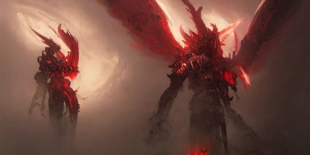 Image similar to profile of an angry mechanical steampunk cyborg devil red skin satan horns with white! angel wings flames and fire concept art greg rutkowski ivan aivazovsky