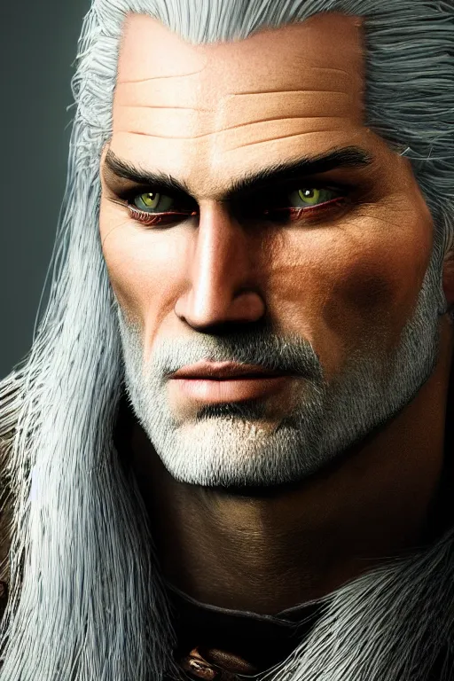 Image similar to portrait of geralt of rivia, 5 5 mm lens, professional photograph, times magazine, serious, stern look, zoomed out