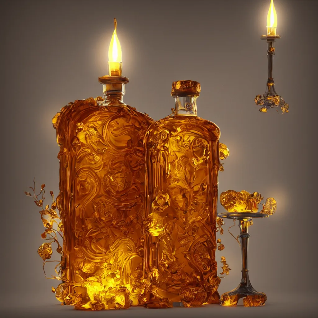 Image similar to photograph of an amber bottle of liqueur sits an ornate table between two ornate candles, 2700K very dim soft light, rim light, backlight, photographic , photorealism, professional photograph, deep focus, laser sharp, Octane render, Unreal 5, trending on artstation, CG Society