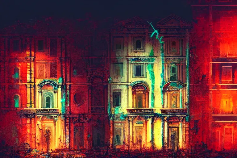 Prompt: ancient roman style buildings by canaletto and carne griffiths, neon, night light, long exposure photo, glitch, hd, artstation