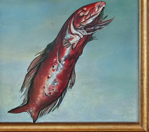 Image similar to a dead fish in the style of otto dix's der krieg, oil painting