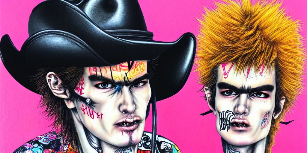 Image similar to full view of sid vicious, wearing a cowboy hat, style of yoshii chie and hikari shimoda and martine johanna, highly detailed