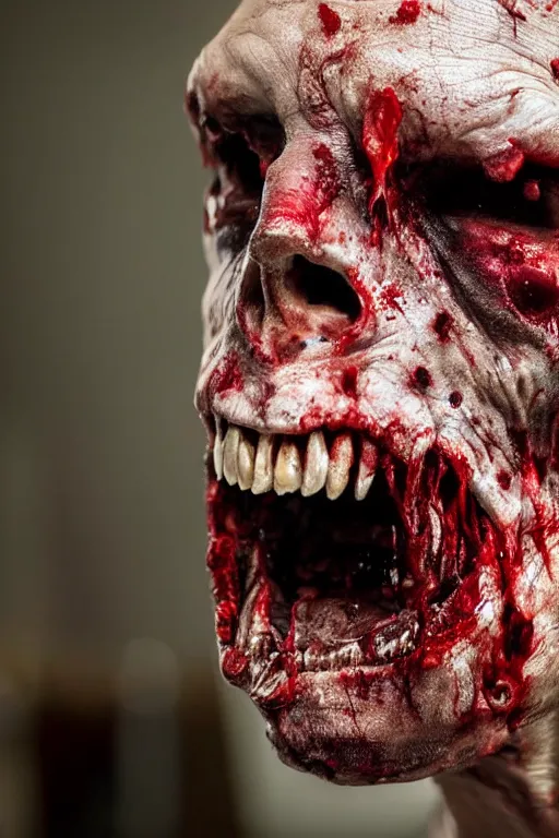 Image similar to up close photograph of a real - life zombie from the tv show the walking dead skin and jaw, studio camera shot on a red 5, award winning vfx and cinematography