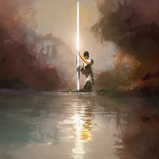 Prompt: digital painting of a hand holding a sword coming out of a lake by james gurney, craig mullins