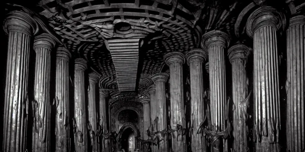 Image similar to durin's bane in the great hall of moria, columns along both sides of the great hall, style of h. r. giger, dark, cinematic