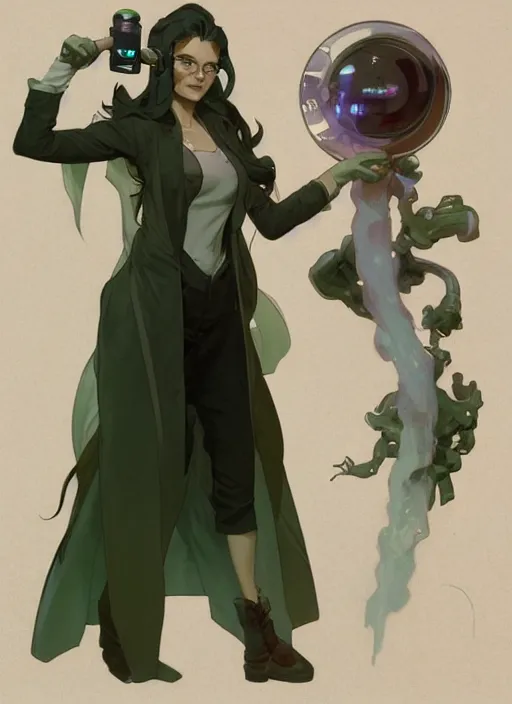 Image similar to a full body character design by artgerm, cushart krenz, greg rutkowski and alphonse mucha. mad scientist woman lab coat!! green plasma laser gun!! bold outline sharp edges. ultra clear detailed. 8 k. ultra detailed, elegant, intricate, octane render.