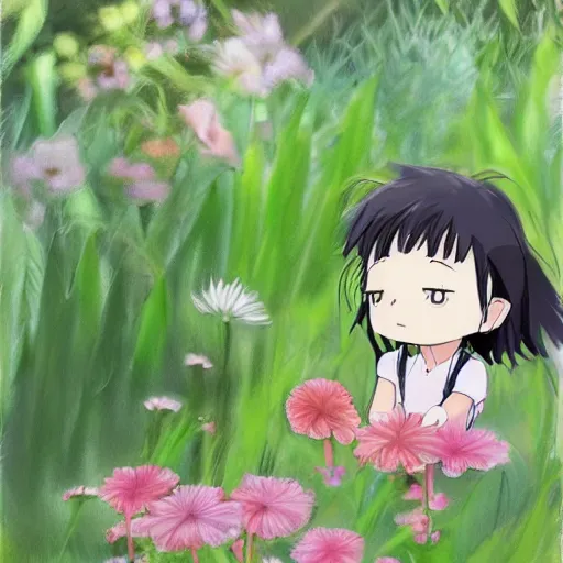 Prompt: cute plant chibi in the garden, studio ghibli, realistic anime, digital painting, trending on artstation