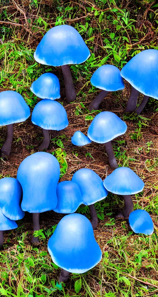 Image similar to 4 huge glowing blue mushrooms grow from the same spot, Mystic
