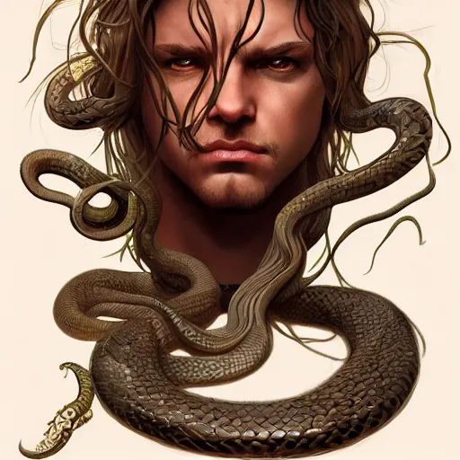 Prompt: male medusa, highly detailed, snakes, digital painting, blood in the eyes, cute face, artstation, concept art, smooth, sharp focus, illustration, art by artgerm and greg rutkowski and alphonse mucha