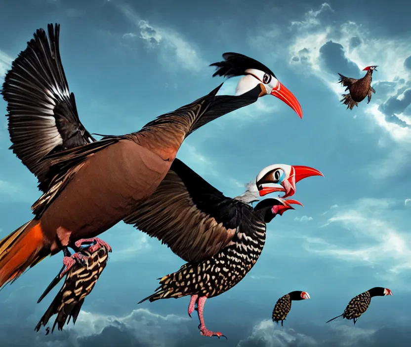 Image similar to a realistic photo of a birdlike creature made of birds merged, creature wrinkles feathers exotic morphing hoopoe, morphing wings king vulture head, merging pheasant skin merged sky animal, atlantic puffin, turaco morphing chicken, clear, global illumination, refraction, displacement map, bump map, normal map