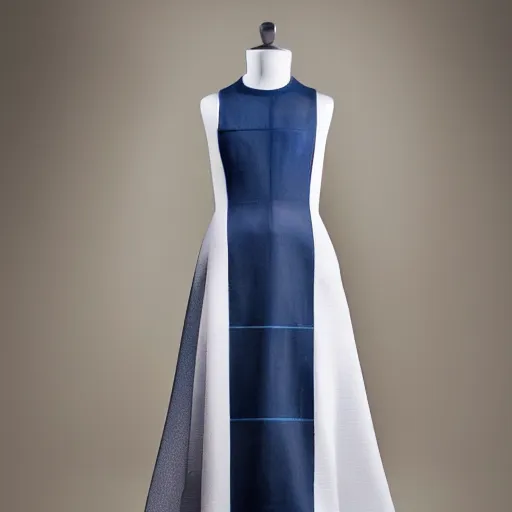 Image similar to A dress inspired by the Gwenn ah du. A dress modelled after the flag of Brittany. Studio lighting
