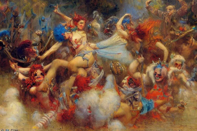 Image similar to war of the clowns. art by gaston bussiere.