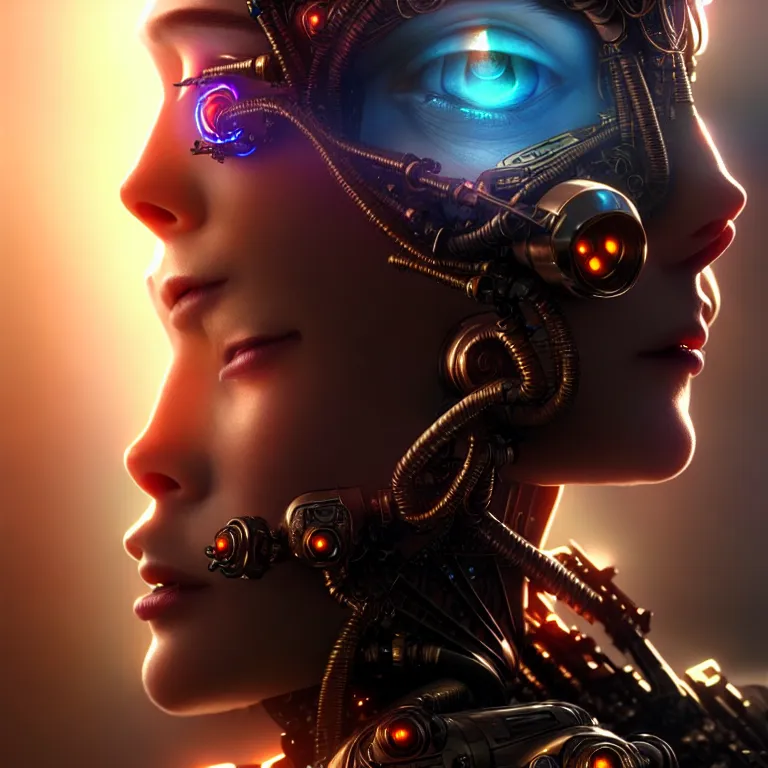 Prompt: ultra realistic beautiful cyborg deity eyes closed, scifi, cyberpunk, fantasy, intricate details, movie still, highly detailed, photorealistic, octane render, eerie, 8k, art by artgerm and alphonse mucha