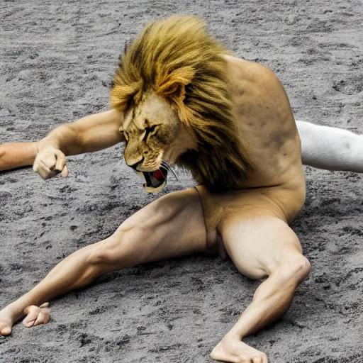 Prompt: Samson wrestling lion